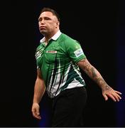 21 March 2024; Gerwyn Price reacts during his match against Michael van Gerwen at the BetMGM Premier League Darts at the 3Arena in Dublin. Photo by Ben McShane/Sportsfile