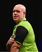 21 March 2024; Michael van Gerwen reacts during his match against Gerwyn Price at the BetMGM Premier League Darts at the 3Arena in Dublin. Photo by Ben McShane/Sportsfile