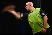 21 March 2024; Michael van Gerwen in action during his match against Gerwyn Price at the BetMGM Premier League Darts at the 3Arena in Dublin. Photo by Ben McShane/Sportsfile