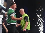 21 March 2024; Gerwyn Price celebrates after victory over Michael van Gerwen in their match at the BetMGM Premier League Darts at the 3Arena in Dublin. Photo by Ben McShane/Sportsfile