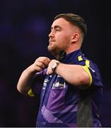 21 March 2024; Luke Littler reacts during his match against Michael Smith at the BetMGM Premier League Darts at the 3Arena in Dublin. Photo by Ben McShane/Sportsfile