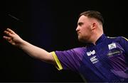 21 March 2024; Luke Littler in action during his match against Michael Smith at the BetMGM Premier League Darts at the 3Arena in Dublin. Photo by Ben McShane/Sportsfile