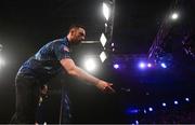21 March 2024; Luke Humphries celebrates after winning his final match against Michael Smith at the BetMGM Premier League Darts at the 3Arena in Dublin. Photo by Ben McShane/Sportsfile