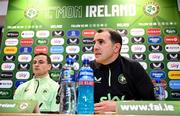 22 March 2024; Interim head coach John O'Shea and Josh Cullen during a Republic of Ireland media conference at the FAI Headquarters in Abbotstown, Dublin. Photo by Stephen McCarthy/Sportsfile