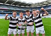 16 March 2024; St Kieran's College players, from left, Cian Phelan, Diarmuid Langton, Ben Phelan and Jake Byrne celebrate after their side's victory in the Masita GAA Hurling Post Primary Schools Croke Cup final match between St Raphael's Loughrea of Galway and St Kieran's College of Kilkenny at Croke Park in Dublin. Photo by Piaras Ó Mídheach/Sportsfile
