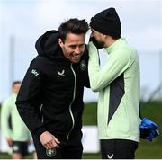 22 March 2024; Assistant coach Paddy McCarthy and Mikey Johnston during a Republic of Ireland training session at the FAI National Training Centre in Abbotstown, Dublin. Photo by Stephen McCarthy/Sportsfile