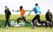 22 March 2024; Festy Ebosele and Nathan Collins, right, during a Republic of Ireland training session at the FAI National Training Centre in Abbotstown, Dublin. Photo by Stephen McCarthy/Sportsfile