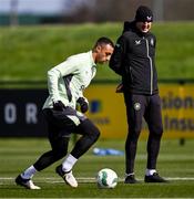 22 March 2024; Interim head coach John O'Shea and Adam Idah, left, during a Republic of Ireland training session at the FAI National Training Centre in Abbotstown, Dublin. Photo by Stephen McCarthy/Sportsfile
