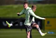 22 March 2024; Sammie Szmodics and Evan Ferguson, left, during a Republic of Ireland training session at the FAI National Training Centre in Abbotstown, Dublin. Photo by Stephen McCarthy/Sportsfile
