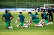 22 March 2024; Republic of Ireland players warm up before the UEFA European Under-21 Championship qualifier match between San Marino and Republic of Ireland at San Marino Stadium in Serravalle, San Marino. Photo by Roberto Bregani/Sportsfile