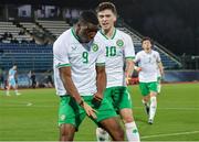 22 March 2024; Sinclair Armstrong of Republic of Ireland celebrates after scoring his side's first goal with team-mate Andrew Moran, right, during the UEFA European Under-21 Championship qualifier match between San Marino and Republic of Ireland at San Marino Stadium in Serravalle, San Marino. Photo by Roberto Bregani/Sportsfile