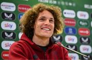 22 March 2024; Wout Faes during a Belgium media conference at the Aviva Stadium in Dublin. Photo by Seb Daly/Sportsfile