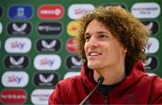 22 March 2024; Wout Faes during a Belgium media conference at the Aviva Stadium in Dublin. Photo by Seb Daly/Sportsfile