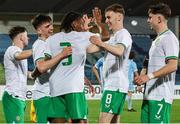 22 March 2024; Republic of Ireland players from left Joe Hodge, Andrew Moran, Tayo Adaramola, Matt Healy and Rocco Vata celebrate their side's second goal, scored by Andrew Moran, during the UEFA European Under-21 Championship qualifier match between San Marino and Republic of Ireland at San Marino Stadium in Serravalle, San Marino. Photo by Roberto Bregani/Sportsfile
