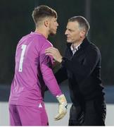 22 March 2024; Republic of Ireland manager Jim Crawford, right, celebrates with goalkeeper Josh Keely after the UEFA European Under-21 Championship qualifier match between San Marino and Republic of Ireland at San Marino Stadium in Serravalle, San Marino. Photo by Roberto Bregani/Sportsfile