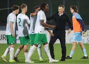 22 March 2024; Republic of Ireland manager Jim Crawford celebrates with players, from right, Bosun Lawal, Armstrong Okoflex, Sam Curtis and Tony Springett after the UEFA European Under-21 Championship qualifier match between San Marino and Republic of Ireland at San Marino Stadium in Serravalle, San Marino. Photo by Roberto Bregani/Sportsfile