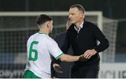 22 March 2024; Republic of Ireland manager Jim Crawford, right, celebrates with Joe Hodge after the UEFA European Under-21 Championship qualifier match between San Marino and Republic of Ireland at San Marino Stadium in Serravalle, San Marino. Photo by Roberto Bregani/Sportsfile