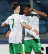 22 March 2024; Rocco Vata of Republic of Ireland is congratulated by team-mate Sinclair Armstrong during the UEFA European Under-21 Championship qualifier match between San Marino and Republic of Ireland at San Marino Stadium in Serravalle, San Marino. Photo by Roberto Bregani/Sportsfile