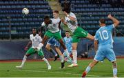 22 March 2024; Sinclair Armstrong, 9, and Anselmo García MacNulty, 5, of Republic of Ireland challenge for a header during the UEFA European Under-21 Championship qualifier match between San Marino and Republic of Ireland at San Marino Stadium in Serravalle, San Marino. Photo by Roberto Bregani/Sportsfile