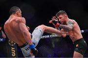 22 March 2024; James Gallagher, right, in action against Leandro Higo in their featherweight bout during the Bellator Champions Series at the SSE Arena in Belfast. Photo by David Fitzgerald/Sportsfile