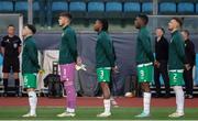22 March 2024; Republic of Ireland players, from left, Joe Hodge, Josh Keeley, Tayo Adaramola, Sinclair Armstrong and Sam Curtis stand for the national anthem before the UEFA European Under-21 Championship qualifier match between San Marino and Republic of Ireland at San Marino Stadium in Serravalle, San Marino. Photo by Roberto Bregani/Sportsfile