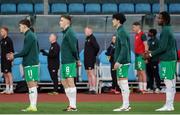22 March 2024; Republic of Ireland players, from left, Tony Springett, Matthew Healy, Anselmo Garcia McNulty and Bosun Lawal stand for the national anthem before the UEFA European Under-21 Championship qualifier match between San Marino and Republic of Ireland at San Marino Stadium in Serravalle, San Marino. Photo by Roberto Bregani/Sportsfile