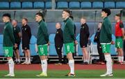 22 March 2024; Republic of Ireland players, from left, Andrew Moran, Tony Springett, Matt Healy and Anselmo Garcia McNulty stand for the national anthem before the UEFA European Under-21 Championship qualifier match between San Marino and Republic of Ireland at San Marino Stadium in Serravalle, San Marino. Photo by Roberto Bregani/Sportsfile