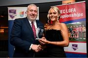 22 March 2024; Ciara Hynes of Mary Immaculate College Limerick receives her Rising Star award from Ladies HEC chairperson Daniel Caldwell during the 2024 HEC All Stars awards night at the Dublin Bonnington Hotel in Dublin. Photo by Ramsey Cardy/Sportsfile
