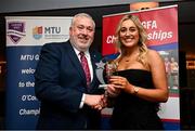22 March 2024; Annmarie Keegan of Maynooth University receives her Rising Star award from Ladies HEC chairperson Daniel Caldwell during the 2024 HEC All Stars awards night at the Dublin Bonnington Hotel in Dublin. Photo by Ramsey Cardy/Sportsfile