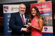 22 March 2024; Aoife Brazil of Mary Immaculate College Limerick receives her Rising Star award from Ladies HEC chairperson Daniel Caldwell during the 2024 HEC All Stars awards night at the Dublin Bonnington Hotel in Dublin. Photo by Ramsey Cardy/Sportsfile