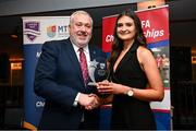22 March 2024; Ellen O’Donoghue of Atlantic Technological University Sligo receives her Rising Star award from Ladies HEC chairperson Daniel Caldwell during the 2024 HEC All Stars awards night at the Dublin Bonnington Hotel in Dublin. Photo by Ramsey Cardy/Sportsfile