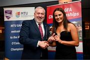 22 March 2024; Kellyann Hogan of University College Cork receives her All-Star award from Ladies HEC chairperson Daniel Caldwell during the 2024 HEC All Stars awards night at the Dublin Bonnington Hotel in Dublin. Photo by Ramsey Cardy/Sportsfile