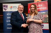 22 March 2024; Muirios O'Leary, receives the All-Star award on behalf of her sister, Danielle O’Leary of Munster Technological University Kerry, from Ladies HEC chairperson Daniel Caldwell during the 2024 HEC All Stars awards night at the Dublin Bonnington Hotel in Dublin. Photo by Ramsey Cardy/Sportsfile