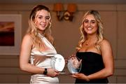 22 March 2024; Maynooth University players Sadhbh Fisher, left, and Annmarie Keegan during the 2024 HEC All Stars awards night at the Dublin Bonnington Hotel in Dublin. Photo by Ramsey Cardy/Sportsfile