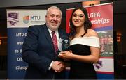 22 March 2024; Rebecca Higgins of Atlantic Technological University Sligo receives her Rising Star award from Ladies HEC chairperson Daniel Caldwell during the 2024 HEC All Stars awards night at the Dublin Bonnington Hotel in Dublin. Photo by Ramsey Cardy/Sportsfile