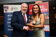 22 March 2024; Emily Lacey of University College Cork receives her All-Star award from Ladies HEC chairperson Daniel Caldwell during the 2024 HEC All Stars awards night at the Dublin Bonnington Hotel in Dublin. Photo by Ramsey Cardy/Sportsfile