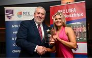 22 March 2024; Abigail Ring of University College Cork receives her All-Star award from Ladies HEC chairperson Daniel Caldwell during the 2024 HEC All Stars awards night at the Dublin Bonnington Hotel in Dublin. Photo by Ramsey Cardy/Sportsfile