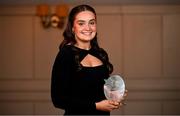 22 March 2024; Sophie Hennessy of Mary Immaculate College Limerick with her Rising Star award during the 2024 HEC All Stars awards night at the Dublin Bonnington Hotel in Dublin. Photo by Ramsey Cardy/Sportsfile