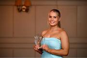 22 March 2024; Elizabeth McGrath of Mary Immaculate College Limerick with her Rising Star award during the 2024 HEC All Stars awards night at the Dublin Bonnington Hotel in Dublin. Photo by Ramsey Cardy/Sportsfile