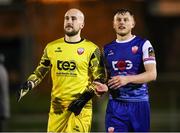 22 March 2024; Treaty United goalkeeper Corey Chambers, left, and team-mate Ben O'Riordan after the SSE Airtricity Men's First Division match between Treaty United and Cork City at Markets Field in Limerick. Photo by Michael P Ryan/Sportsfile