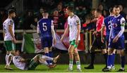 22 March 2024; Lee Devitt of Treaty United, 5, is shown a red card by referee Oliver Moran during the SSE Airtricity Men's First Division match between Treaty United and Cork City at Markets Field in Limerick. Photo by Michael P Ryan/Sportsfile