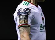 22 March 2024; A detailed view of the SSE Airtricity Men's First Division badge on the jersey of Jack Doherty of Cork City during the SSE Airtricity Men's First Division match between Treaty United and Cork City at Markets Field in Limerick. Photo by Michael P Ryan/Sportsfile