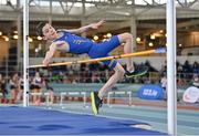 23 March 2024; Andrew Fitzpatrick of Longford A.C. competes in the boys under 12 high jump during day one of the 123.ie National Juvenile Indoor Championships at the TUS International Arena in Athlone. Photo by Stephen Marken/Sportsfile