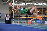 23 March 2024; Amelie O'Donnell of Cabinteely A.C. Dublin competes in the girls under 12 high jump during day one of the 123.ie National Juvenile Indoor Championships at the TUS International Arena in Athlone. Photo by Stephen Marken/Sportsfile