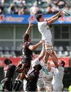 23 March 2024; David McCann of Ulster wins a line out ahead of Eben Etzebeth of Hollywoodbets Sharks during the United Rugby Championship match between Hollywoodbets Sharks and Ulster at Hollywoodbets Kings Park in Durban, South Africa. Photo by Shaun Roy/Sportsfile