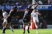 23 March 2024; Billy Burns of Ulster in action against Gerbrandt Grobler of Hollywoodbets Sharks, 5, during the United Rugby Championship match between Hollywoodbets Sharks and Ulster at Hollywoodbets Kings Park in Durban, South Africa. Photo by Shaun Roy/Sportsfile