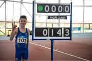 23 March 2024; Andrew Fitzpatrick of Longford AC after his victory in the boys under 12 high jump during day one of the 123.ie National Juvenile Indoor Championships at the TUS International Arena in Athlone. Photo by Stephen Marken/Sportsfile