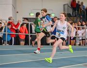 23 March 2024; Aoife Cullinan of Sligo AC competes in the girls under 12 4x200m relay during day one of the 123.ie National Juvenile Indoor Championships at the TUS International Arena in Athlone. Photo by Stephen Marken/Sportsfile