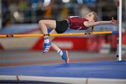 23 March 2024; Aoibheann Morgan of Newport AC, Tipperary, competes in the girls under 12 high jump during day one of the 123.ie National Juvenile Indoor Championships at the TUS International Arena in Athlone. Photo by Stephen Marken/Sportsfile