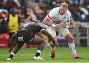 23 March 2024; Kieran Treadwell of Ulster attempts to get past Phepsi Buthelezi of Hollywoodbets Sharks during the United Rugby Championship match between Hollywoodbets Sharks and Ulster at Hollywoodbets Kings Park in Durban, South Africa. Photo by Shaun Roy/Sportsfile